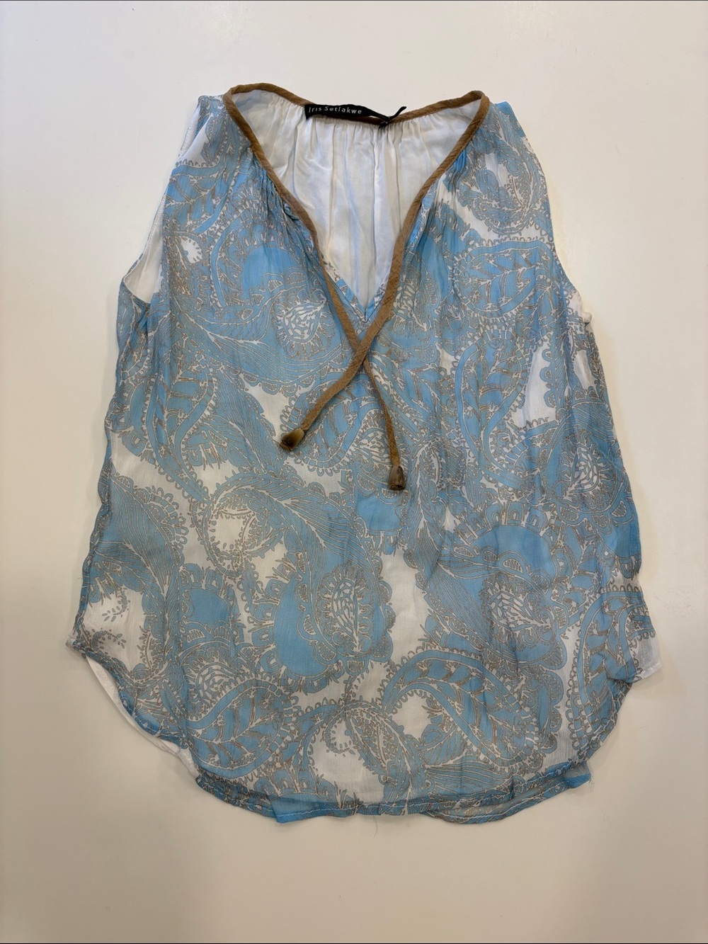 Light Blue Paisley Sheer V-Neck Tank with Tan Trim